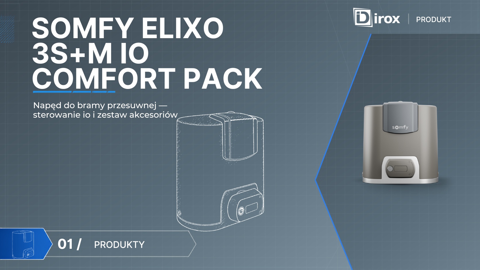 SOMFY ELIXO 3S+ M io Comfort Pack — zdjęcie napędu i biały rysunek kreskowy na szaroniebieskiej okładce DIROX Produkty